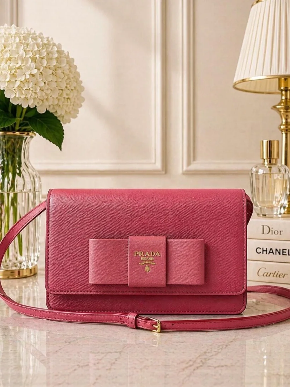 Authentic Prada Pink Saffiano Bow Crossbody Wallet Clutch Gold Logo  390-082825